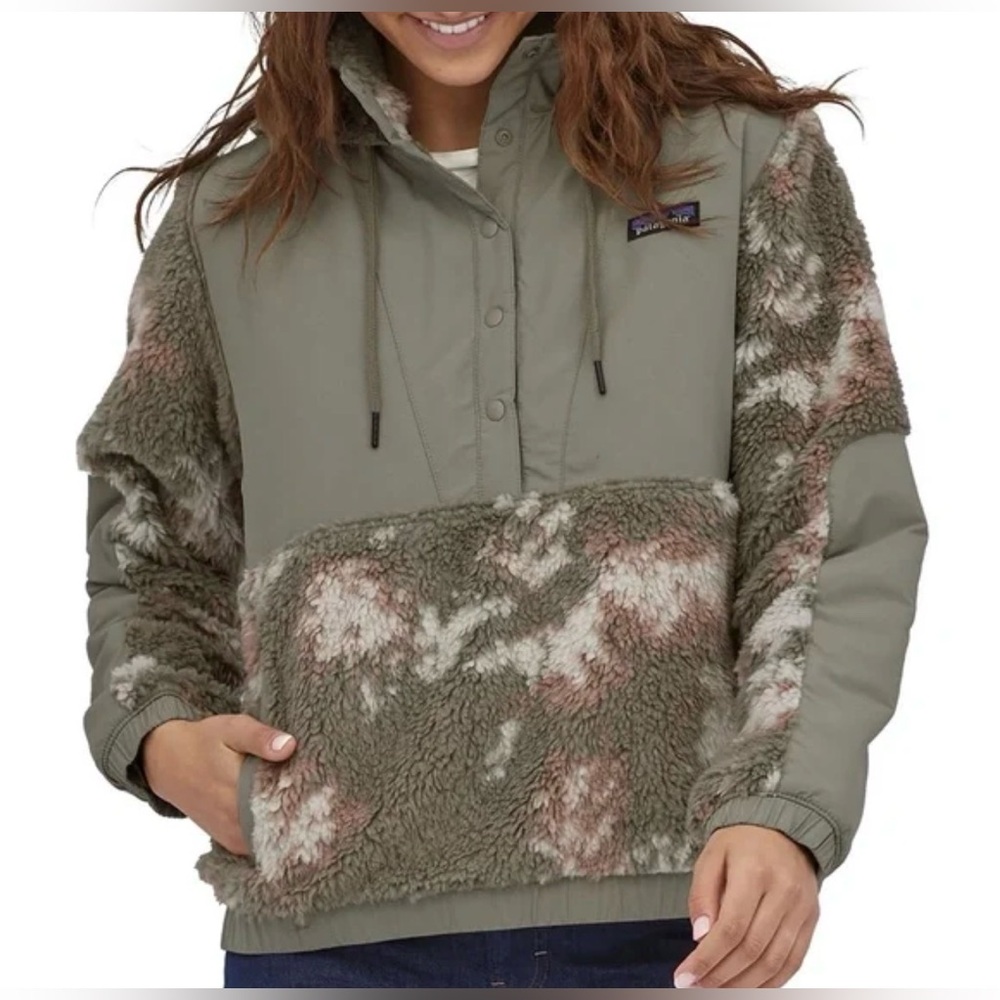 Patagonia Olive and Cream Mixed Camo Teddy Pullover